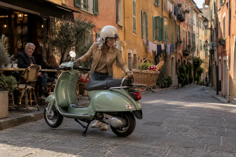 Dans une ruelle du vieux Nice, une femme d’une soixantaine d’années met sur béquille son scooter italien vert d’eau à carrosserie en acier