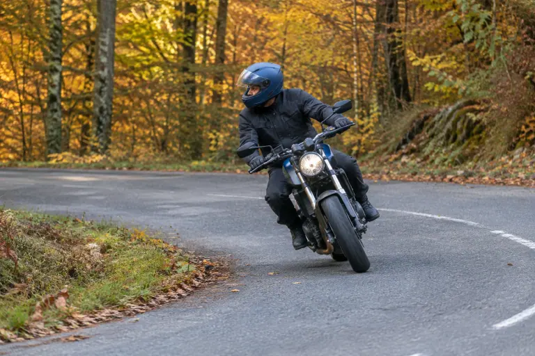Sur une petite route du Morvan en automne, un motard prend un virage à gauche sur son roadster, la tête tournée vers la sortie, loin de la ligne médiane