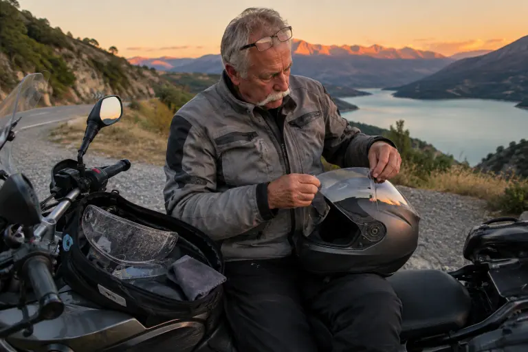 Au-dessus du lac de Serre-Ponçon au coucher du soleil, un motard d’une soixantaine d’années monte un écran clair neuf sur son casque intégral