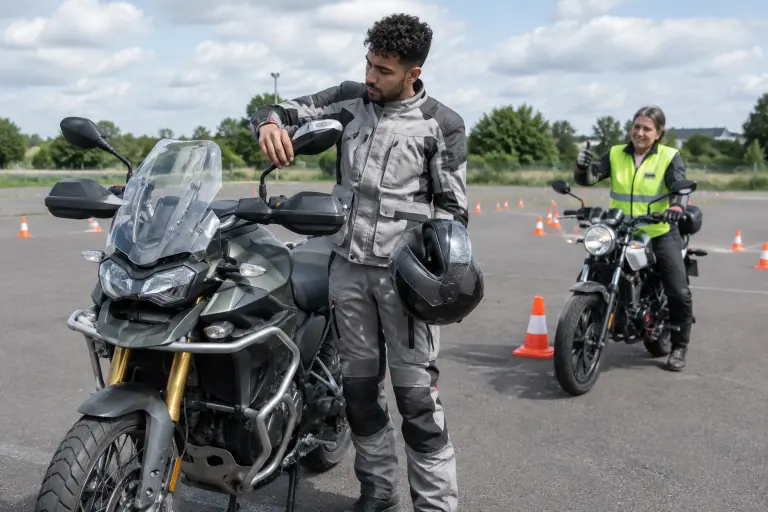 Sur le plateau d’une moto-école près de Rennes, un jeune motard règle le rétroviseur de son trail neuf sous le regard de sa monitrice
