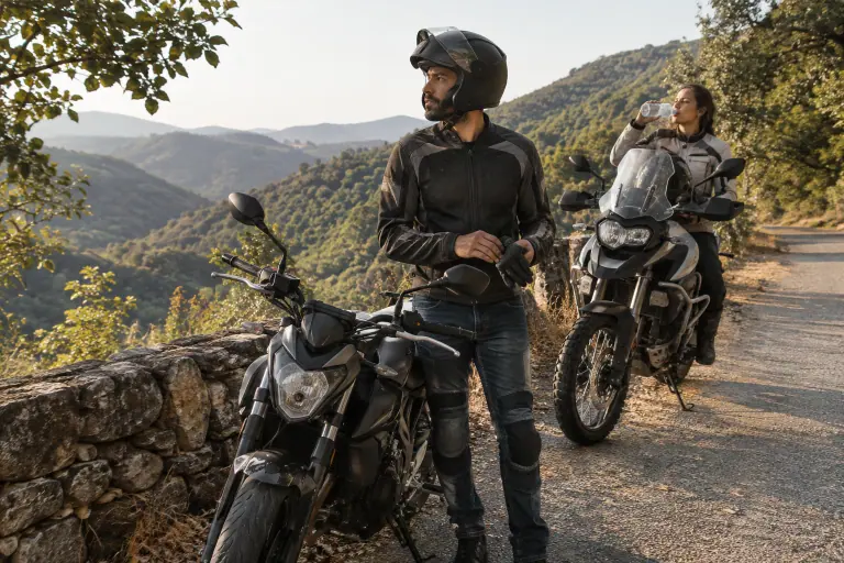 Sur une petite route des Cévennes en été, un motard retire ses gants à côté de son roadster pendant qu’une motarde boit une gorgée d’eau sur son trail