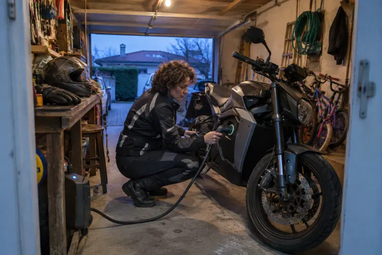 Dans le garage d’un pavillon près de Toulouse, une motarde branche le câble de recharge de son roadster électrique sans échappement ni réservoir